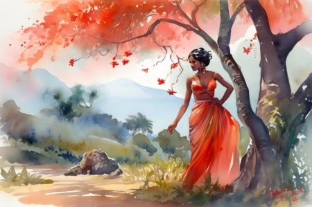 Woman in red dress - autumn, dress, flying, island, trees, woman
