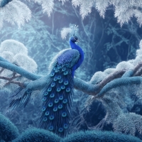 Blue peacock in winter forest