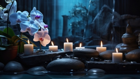 Orchids - candles, flowers, orchids, stones