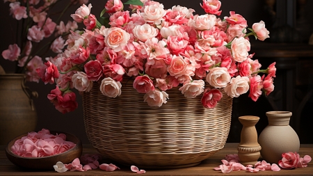 Pink Roses - basket, pink, roses, vase