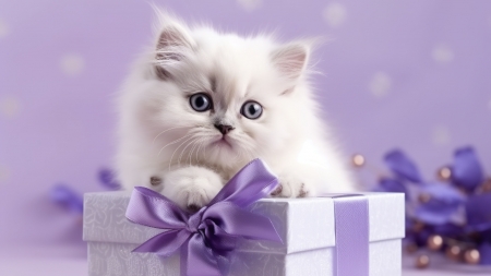 :) - cat, christmas, white, purple, craciun, kitten, paw, valentine, pisici, cute, mother, box, gift, bow, day