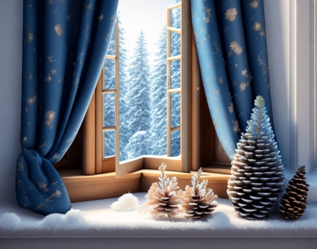 Christmas window - bouquet, cones, curtains, snowfall, window, winter
