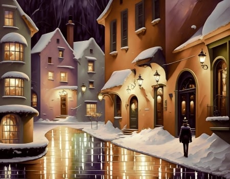 Night,  urban - night, houses, art, painting