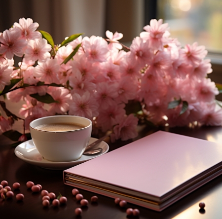 Pink morning - coffee, cup, flowers, notebook, pink
