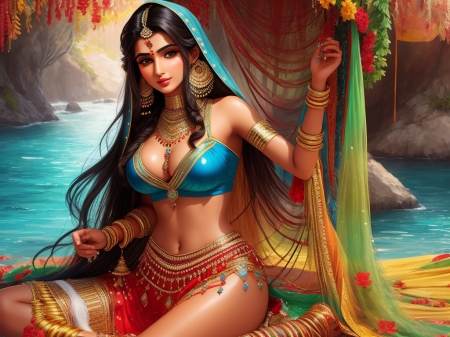 â¦ - asian, lake, painting, water, woman