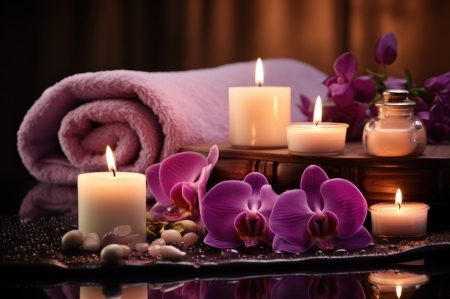 Purple orchids - candles, flowers, stones, towel