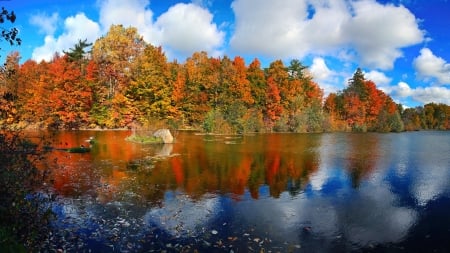 Autumn at a lake in Ontario - reflections, clouds, water, colors, tree, fall, canada, leave, sky