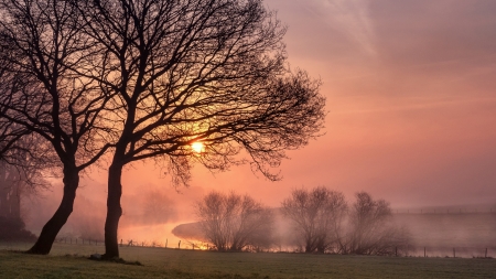 Late Autumn Morning , Lower Saxony, Germany - clouds, colors, landscape, river, sky, sunrise, trees