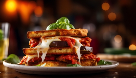 Waffles with tomatoes sauce - baked, cheese, eggplant, tomato sauce