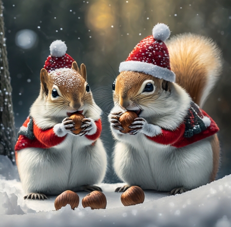 Christmas squirrels - christmas hats, nuts, snow, squirrels, winter