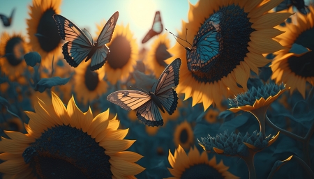 Butterflies and  sunflowers - butterflies, field, flowers, summer