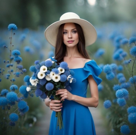 ðŸ’™ - blue, bouquet, flowers, garden, girl