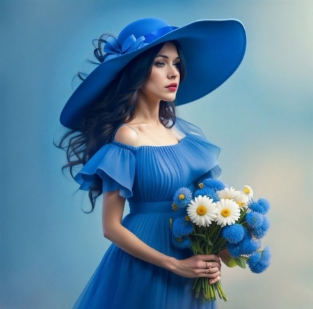 ðŸ’™ - blue, bouquet, flowers, girl, white