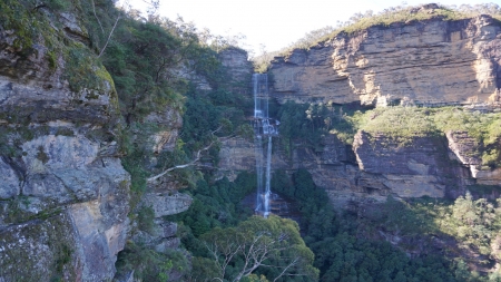 Blue Mountains, New South Wales, Australia - clouds, rocks, sky, trees, waterfall