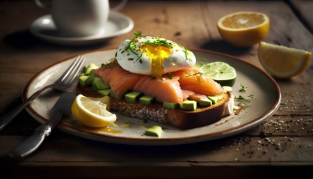 Poached egg with bread - avocado, egg, salmon, toast