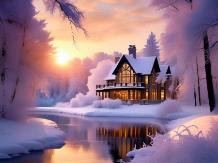 The Romance Of A Winter Evening - cottage, nature, river, snow, sunset, trees