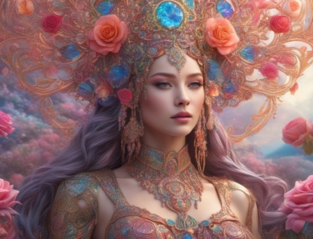 Rainbow goddess - beauty, girl, romantic, roses