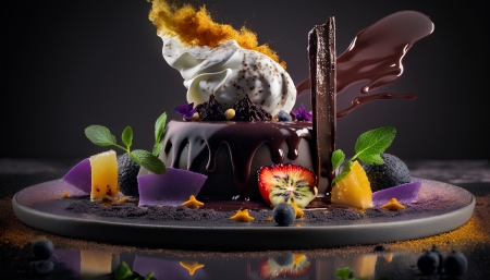 Chocolate cake with ice cream - cake, chocolate, fruits, ice cream