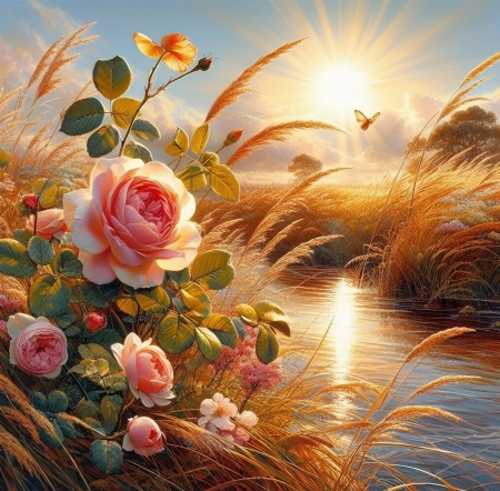 Sunrise - landscape, morning, roses, sunlight, water