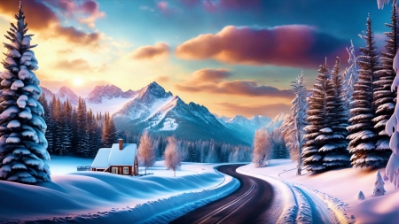 Winter in the mountains - artwork, clouds, digital, house, mountains, road, sky, snow, trees
