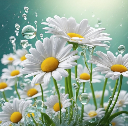 Daisy Flowers with water drops - drops, flowers, spring, summer, white