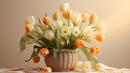 Tulips - basket, cream, orange, tulips
