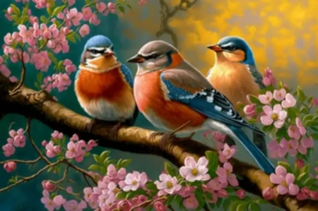 Birds and flowers - animal, birds, flowers, spring, springtime