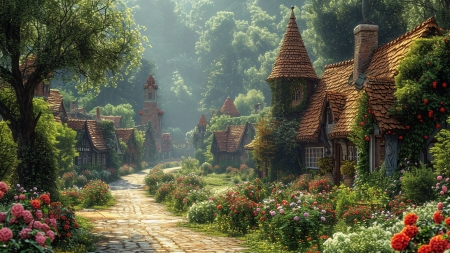 Spring village - flowers, houses, path, tale, village