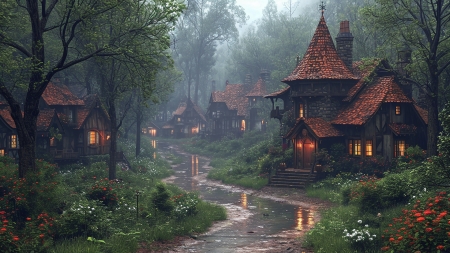 Village night - flowers, houses, path, puddles, village