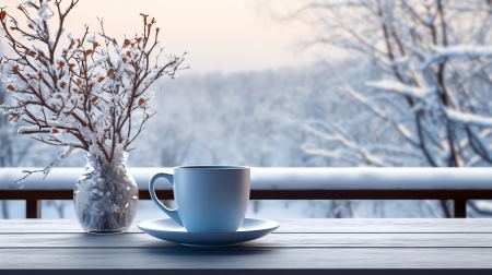 The view from the window - coffee, cup, flowers, vase, winter