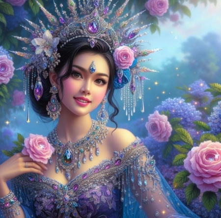 Young princess ðŸ’™ - artwork, beauty, flowers, smile, woman