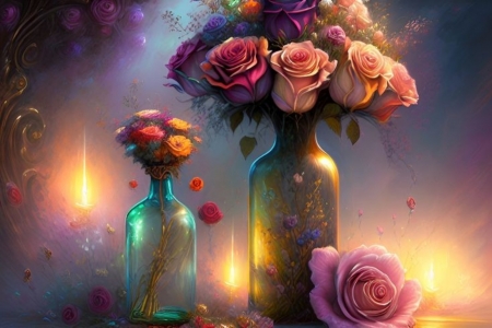 Table roses ðŸ§¡ - flowers, lights, roses, still life, vases