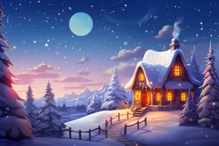 â¦ winter night - forest, house, moon, night