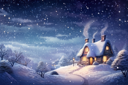 Winter landscape - fireplace, forest, house, snow