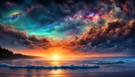 Beach sunset - beach, clouds, sea, sunset