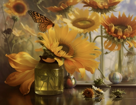 Sunflowers - bouquet, flowers, still life, vase