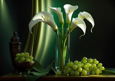 Still life - bouquet, flowers, fruits, grapes, vase