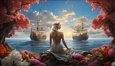 Fantasy Girl - flowers, girl, princess, sea, ship, ships