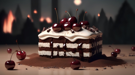Chocolate cake with cherries - baked, cherries, plate, sugar