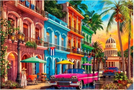 Havana Sunset - artwork, car, colors, digital, houses, palm trees, street
