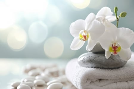 🤍 - Pebbles, Towels, White, Flowers