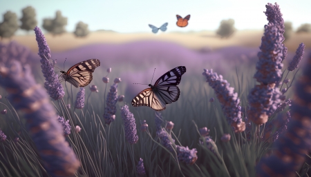 Lavender Flowers - 3d, butterflies, field, flowers