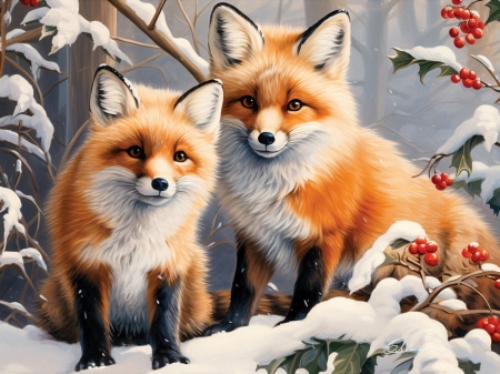 Best Friends First Winter - snow, branches, trees, foxes, painting