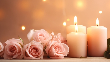 Roses - bouquet, candles, flowers, roses