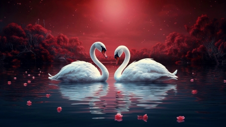 Swans - birds, flowers, reflection, swans, water
