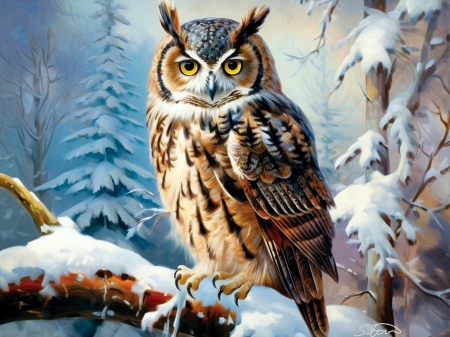 Winter Silence - artwork, digital, owl, raptor, snow, trees