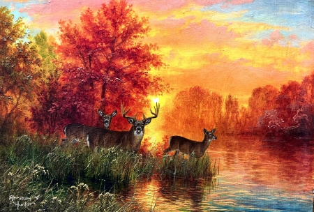 Waters Edge Whitetails by Abraham Hunter - deer, clouds, river, sunset, painting, artwork, colors, sky