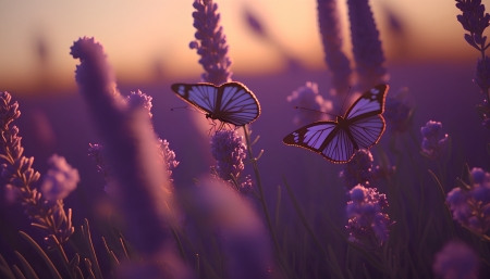 Butterflies on lavender flowers at sunset - beauty, blossom, butterflies, flying