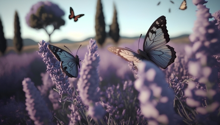 Butterflies flying over lavender flowers - colorful, field, flowers, meadow