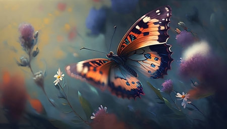 Butterfly on a meadow of flowers - butterfly, field, flowers, painting
